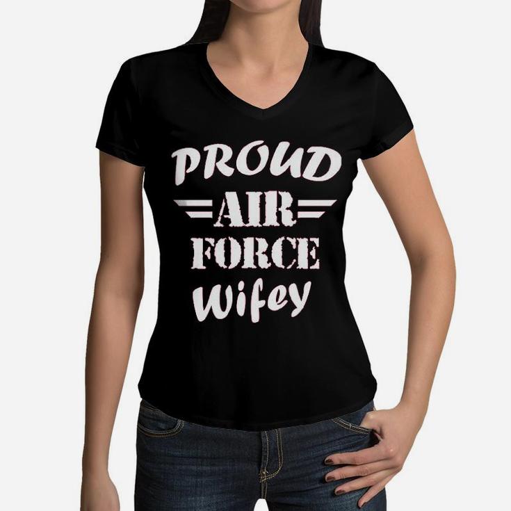 Proud Air Force Wifey Veteran Wife Pride Patriot Heroic Women V-Neck T-Shirt