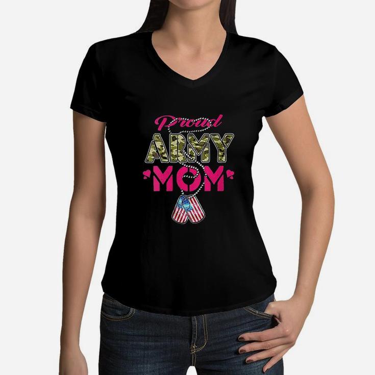 Proud Army Mom Camo Us Flag Dog Tags Military Mother Gift Women V-Neck T-Shirt