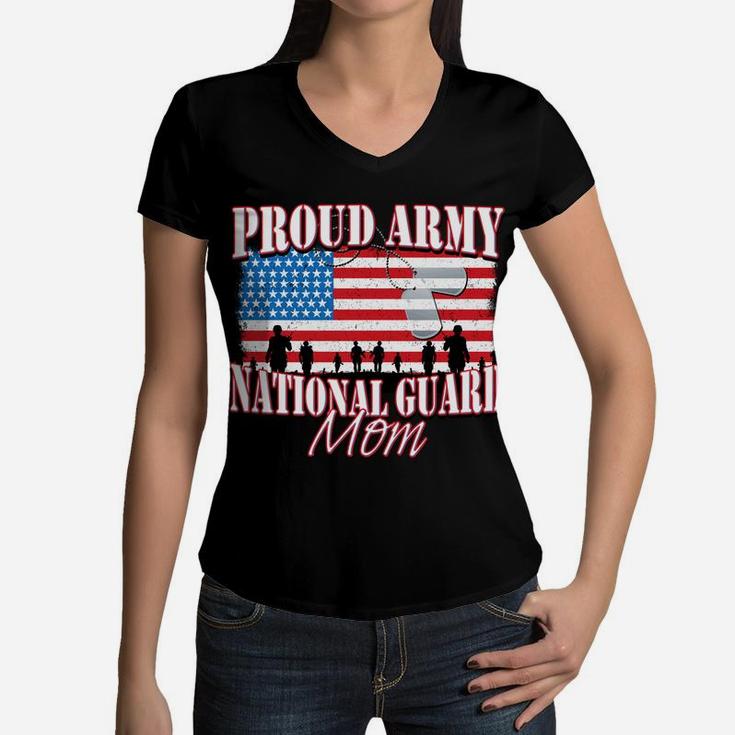 Proud Army National Guard Mom Dog Tag Flag Mothers Day Women V-Neck T-Shirt