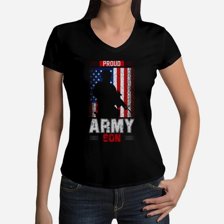 Proud Army Son American Flag US Navy Veteran Women V-Neck T-Shirt