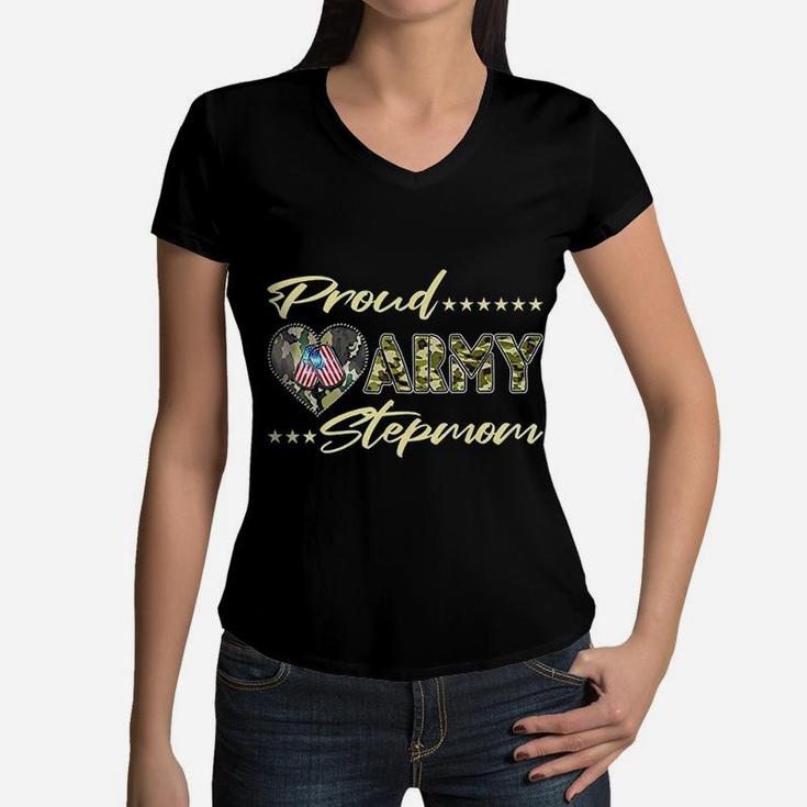 Proud Army Stepmom Us Flag Dog Women V-Neck T-Shirt