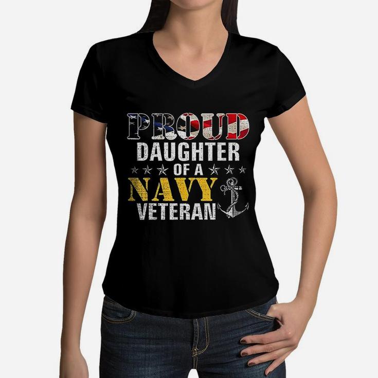Proud Daughter Of A Navy Veteran American Flag Military Gift Women V-Neck T-Shirt