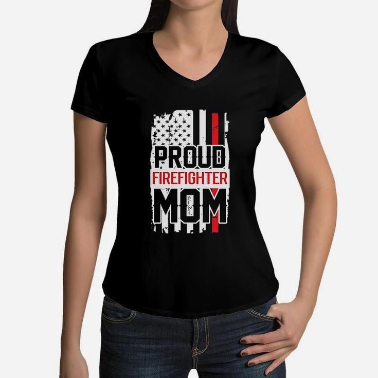 Proud Firefighter Mom For Support Of Son Or Daughter Women V-Neck T-Shirt