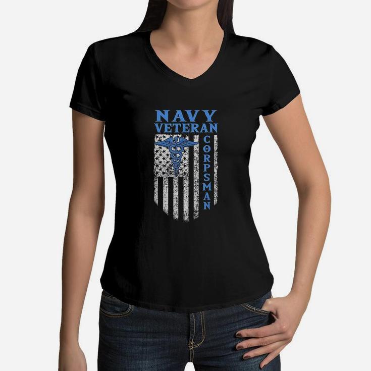 Proud Navy Corpsman Usa Flag Vintage Veteran Women V-Neck T-Shirt