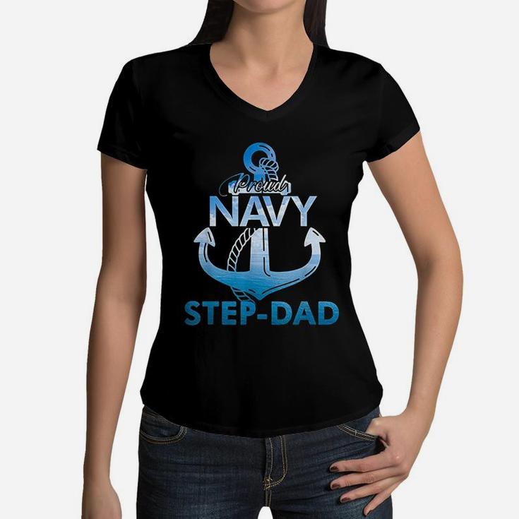 Proud Navy Step-dad Gift Lover Veterans Day Women V-Neck T-Shirt