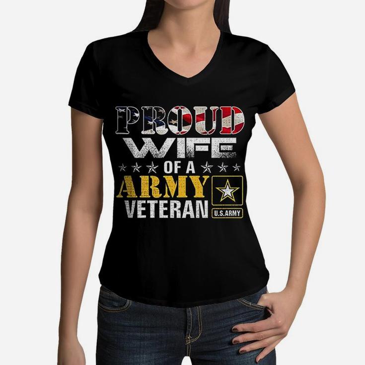 Proud Wife Of A Army Veteran American Flag Women V-Neck T-Shirt