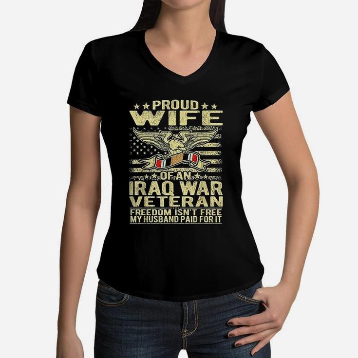 Proud Wife Of An Iraq Veteran Military Veterans Spouse Women V-Neck T-Shirt