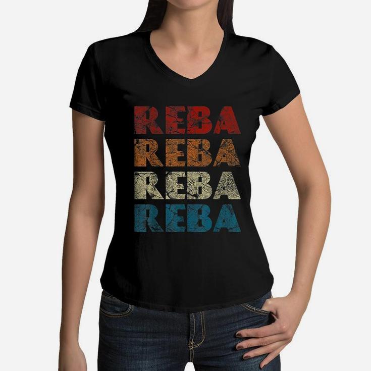 Reba Vintage Wordmark Pattern Retro Style Women V-Neck T-Shirt