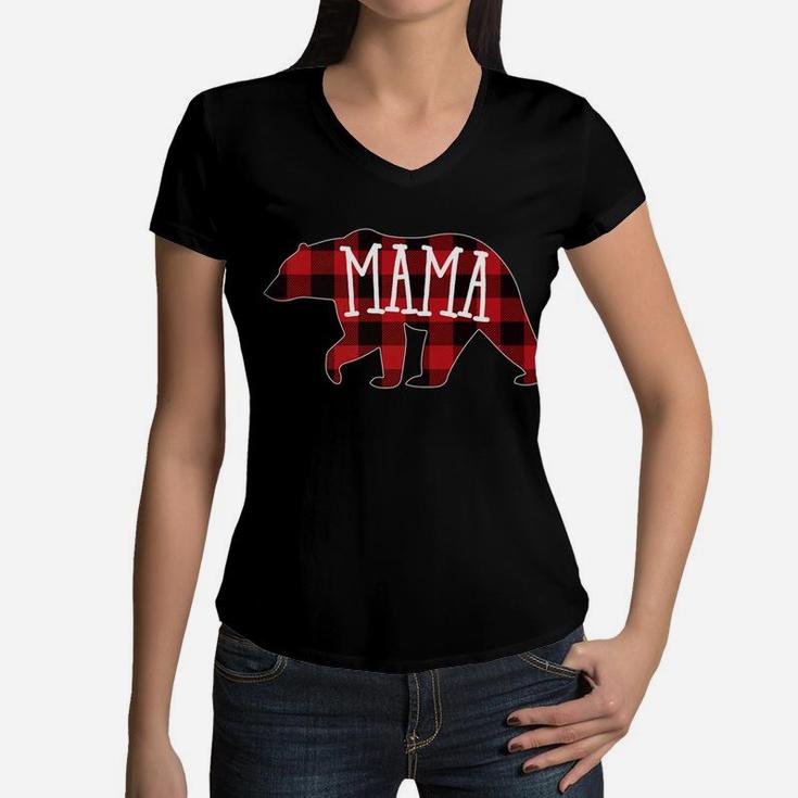 Red Plaid Mama Bear Buffalo Plaid Mama Bear Women V-Neck T-Shirt