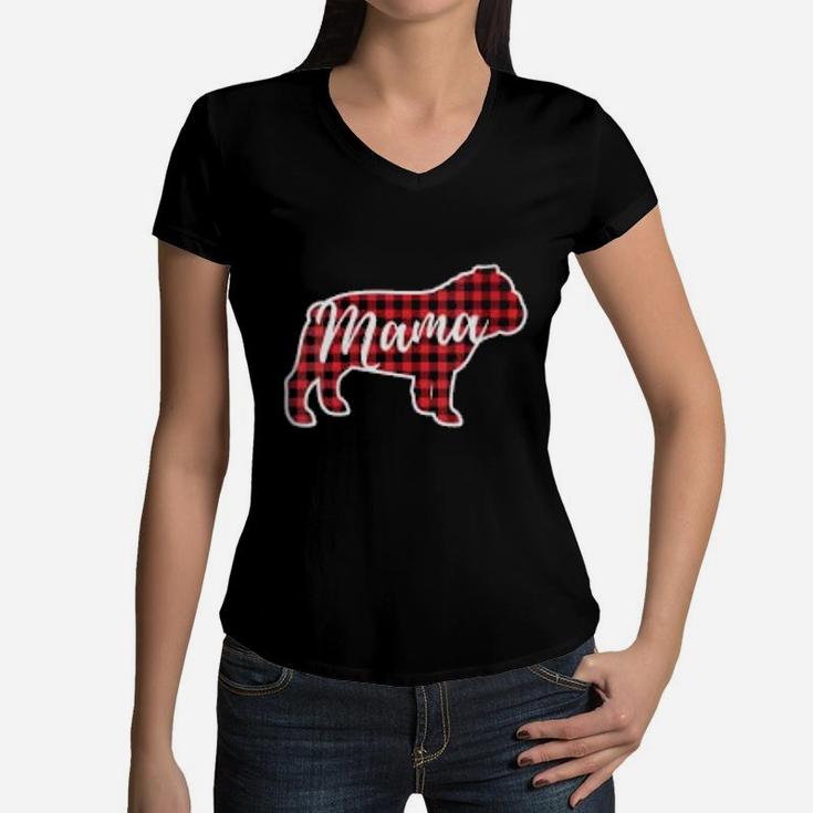 Red Plaid Mama Bulldog birthday Women V-Neck T-Shirt