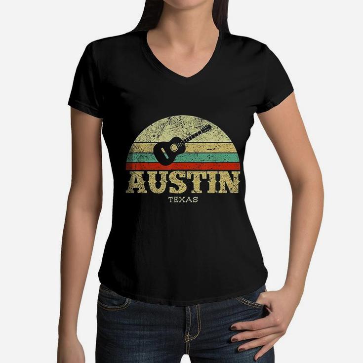 Retro Austin Texas Guitar Vintage Lone Star Women V-Neck T-Shirt