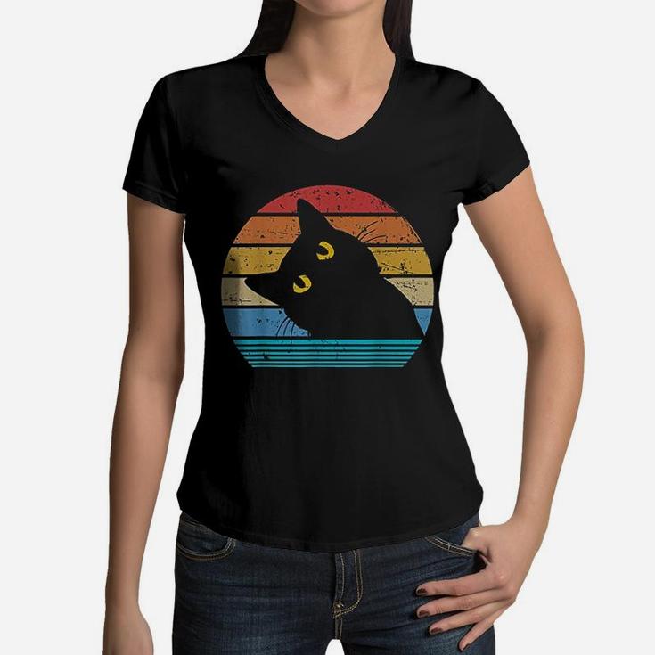 Retro Black Cat Lover Vintage Style Cats Cute Kitty Gift Women V-Neck T-Shirt