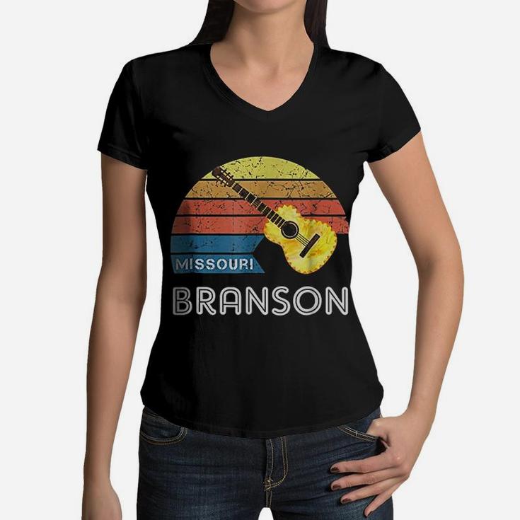 Retro Branson Souvenir With A Vintage Style Guitar Women V-Neck T-Shirt