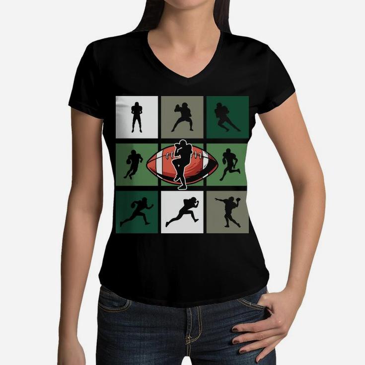 Retro Football Silhouette Team Players Playing Together Women V-Neck T-Shirt