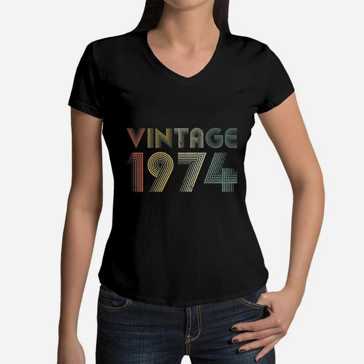 Retro Vintage 1974 48th Birthday Gifts 48 Years Old  Women V-Neck T-Shirt