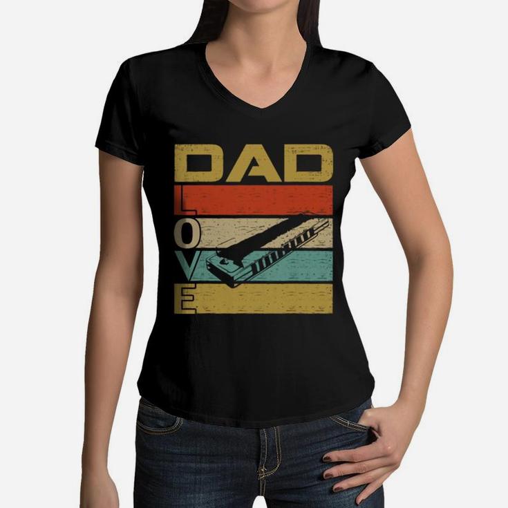 Retro Vintage Dad Love Harmonica Fathers Day Shirt Women V-Neck T-Shirt