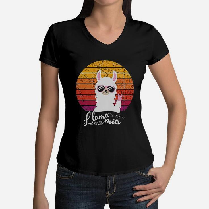 Retro Vintage Llama Mia Mama Mia Costume For Alpaca Lovers Women V-Neck T-Shirt