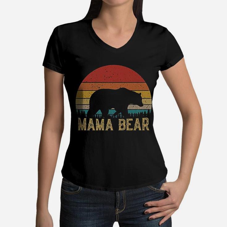 Retro Vintage Sunset Mama Bear Women V-Neck T-Shirt
