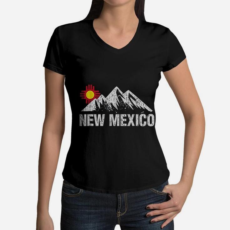 Retro Vintage Sunset Mountain New Mexico Women V-Neck T-Shirt