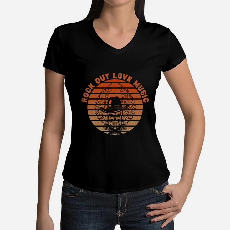Rock Out Love Music Vintage Skull Music Lovers Women V-Neck T-Shirt