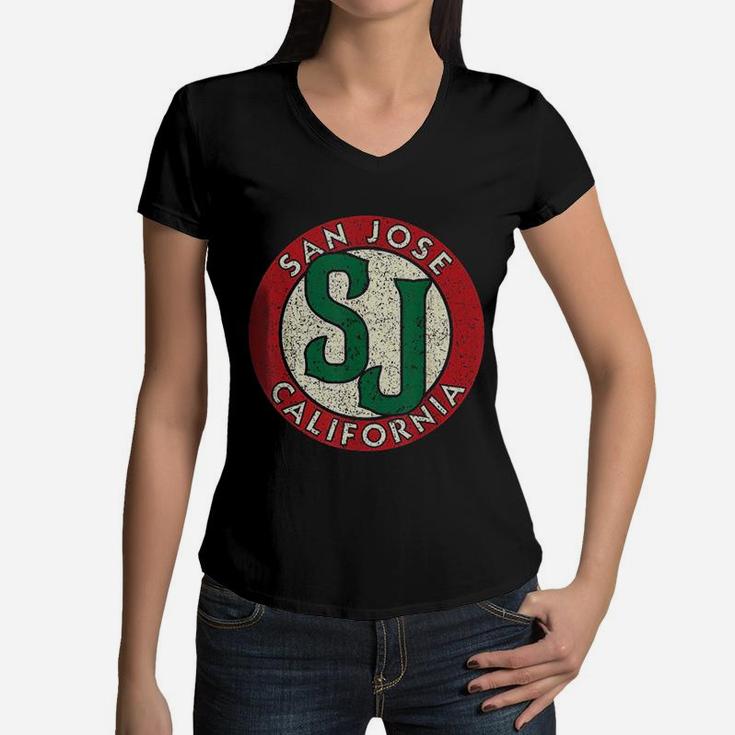 San Jose California Vintage Road Sign Distressed Print Women V-Neck T-Shirt