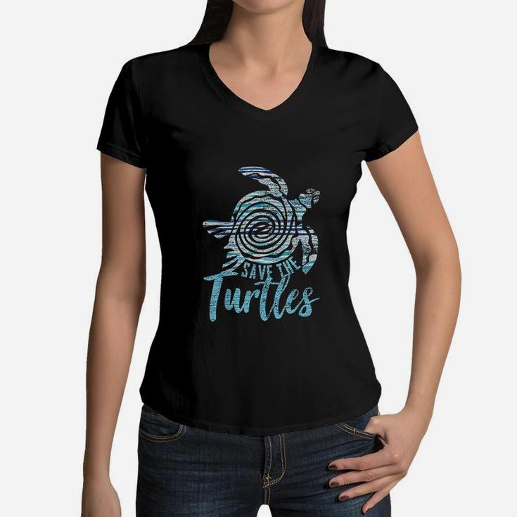 Save The Turtles Vintage Earth Day Women V-Neck T-Shirt