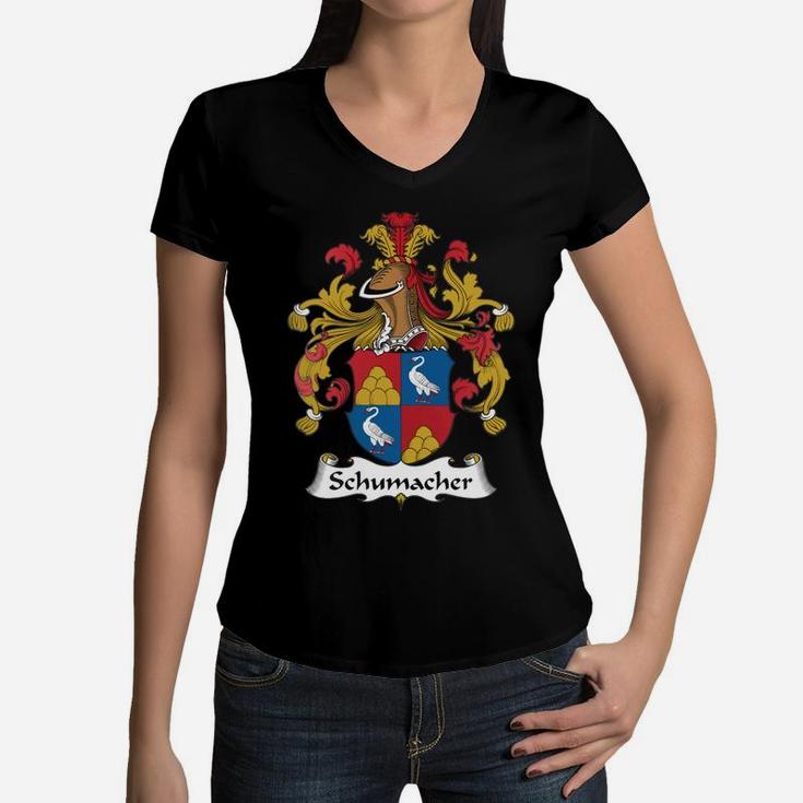 Schumacher Family Crest German Family Crests Women V-Neck T-Shirt