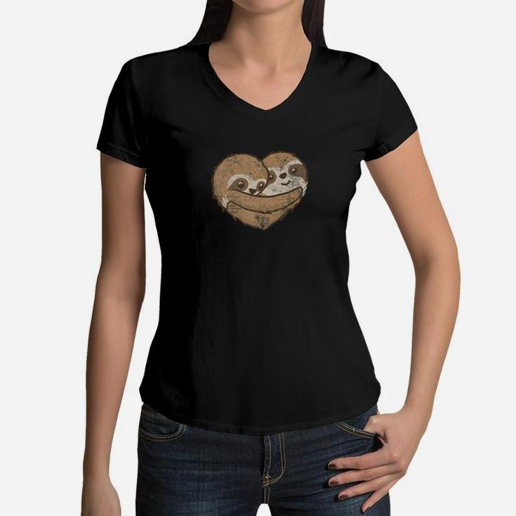 Sloth Heart Cute Valentines Day Gift Vintage Lover Women V-Neck T-Shirt