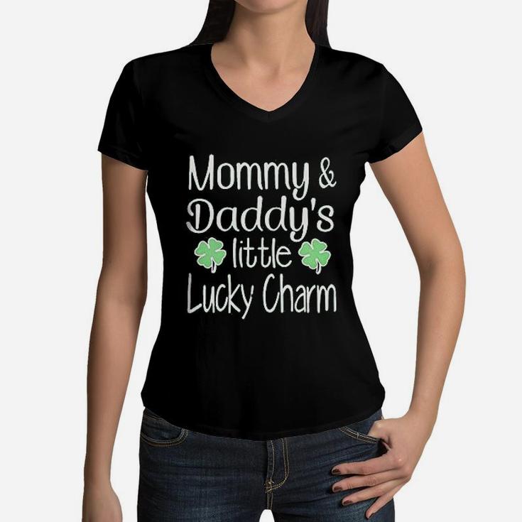 St Patricks Day Clothes Clover Tattoo Mommy And Daddys Lucky Charm Women V-Neck T-Shirt