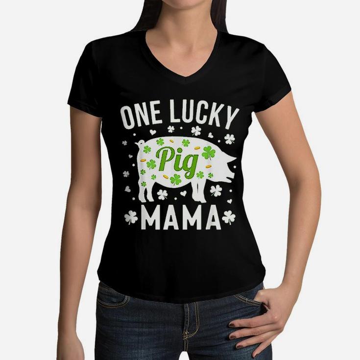 St Patricks Day Pig One Lucky Mama Mom Gift Women V-Neck T-Shirt