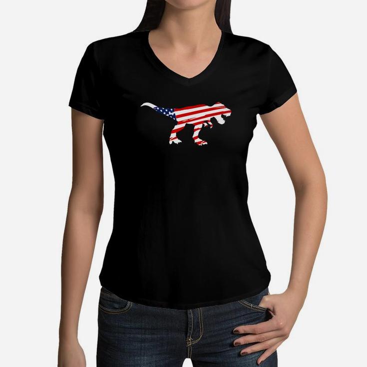 T Rex American Flag Patriotic 4th Of July Veterans Flag Day Premium Women V-Neck T-Shirt