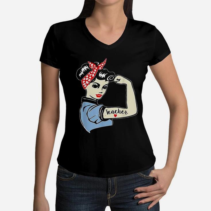 Teacher Strong Woman Warrior Vintage Gift Women V-Neck T-Shirt