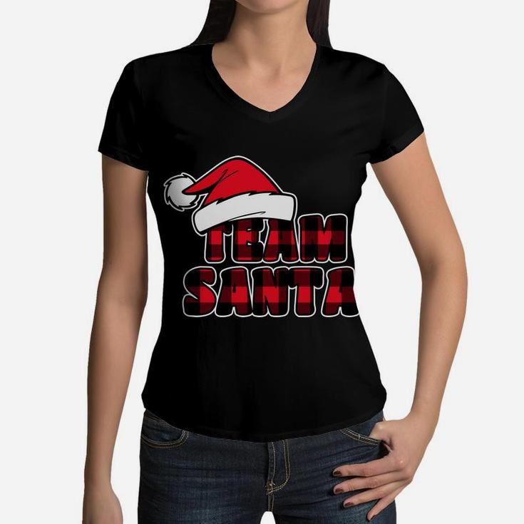 Team Santa Christmas Buffalo Red Plaid Xmas Santa Hat Women V-Neck T-Shirt