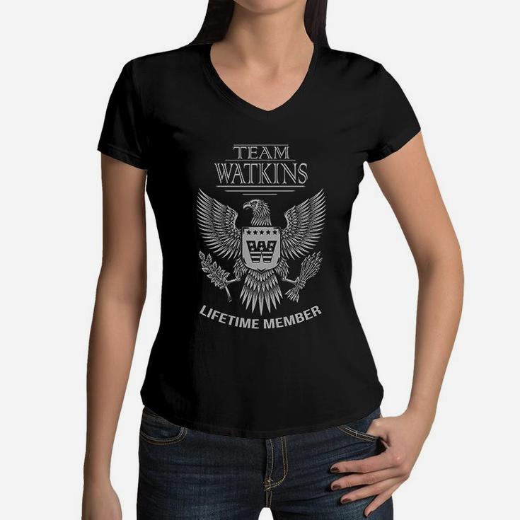 Team Watkins Lifetime Member Family Surname Women V-Neck T-Shirt