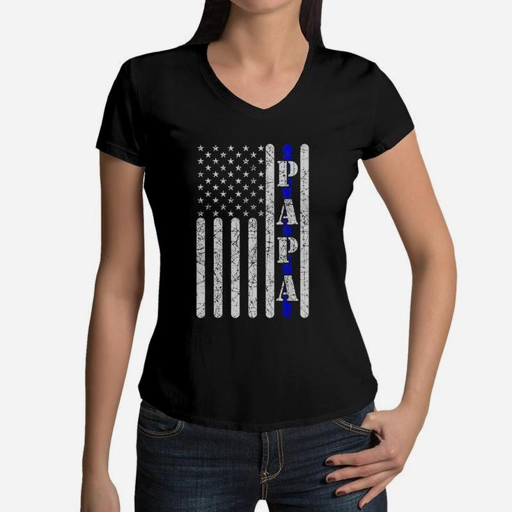 Thin Blue Line Papa Vintage Police American Flag Grandpa Women V-Neck T-Shirt