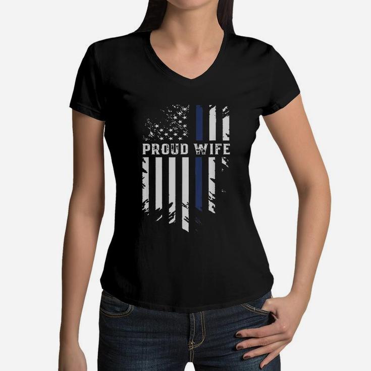 Thin Blue Line Proud Wife Police Family Women V-Neck T-Shirt