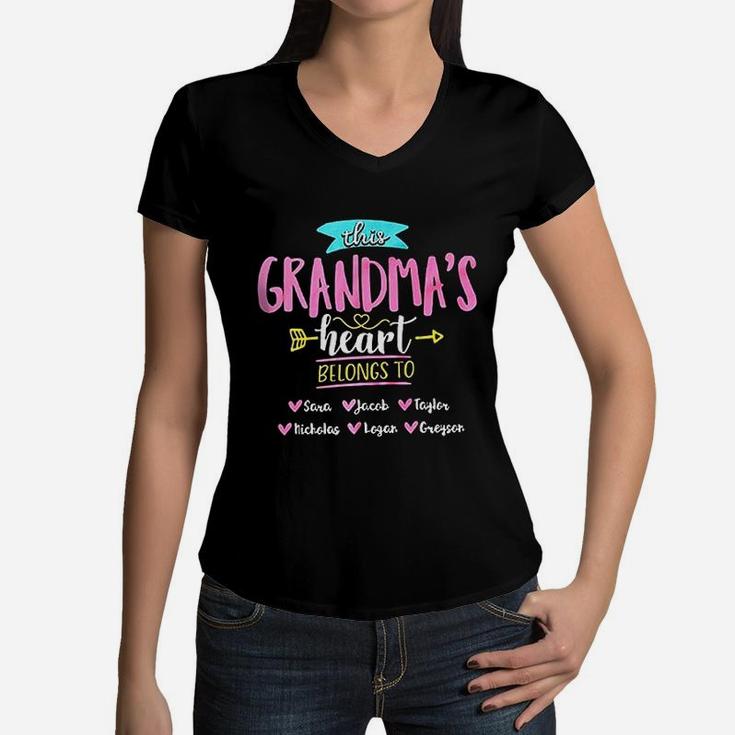 This Grandmas Heart Belongs To Personalized Mom Mama Gigi Women V-Neck T-Shirt