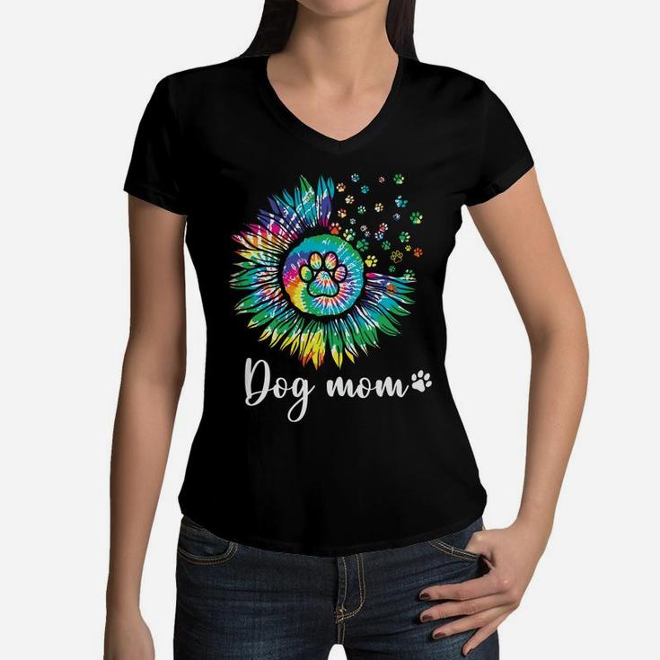 Tie Dye Dog Mom Paw Prints Hippie Sunflower Peace Dog Lovers Women V-Neck T-Shirt