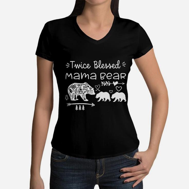Twice Blessed Mama Bear Mother Of Two Or Twins Women V-Neck T-Shirt