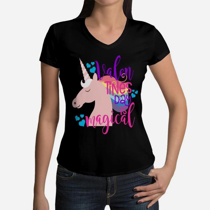 Unicorn Valentine Day Is Magical Cute Kids Teacher Mom Women V-Neck T-Shirt
