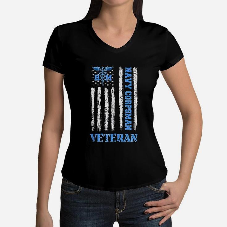 United States Proud Us Navy Corpsman Veteran American Flag Women V-Neck T-Shirt