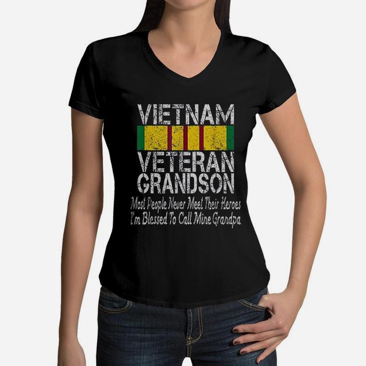 Us Military Family Vietnam Veteran Grandson Gift Women V-Neck T-Shirt