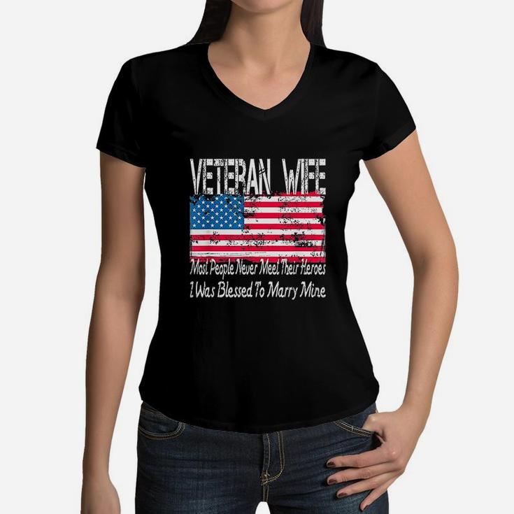 Us Military Veteran Wife Blessed To Marry My Hero Gift Women V-Neck T-Shirt