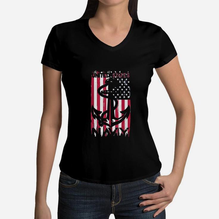 Us Navy Flag With Anchor For Navy Veterans And Soldiers Women V-Neck T-Shirt