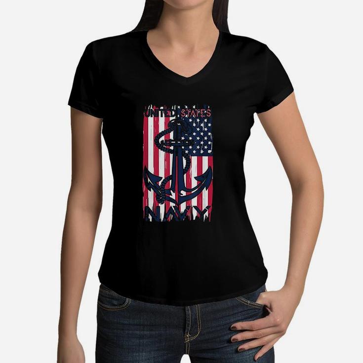 Us Navy Flag With Anchor For Navy Veterans And Soldiers Women V-Neck T-Shirt