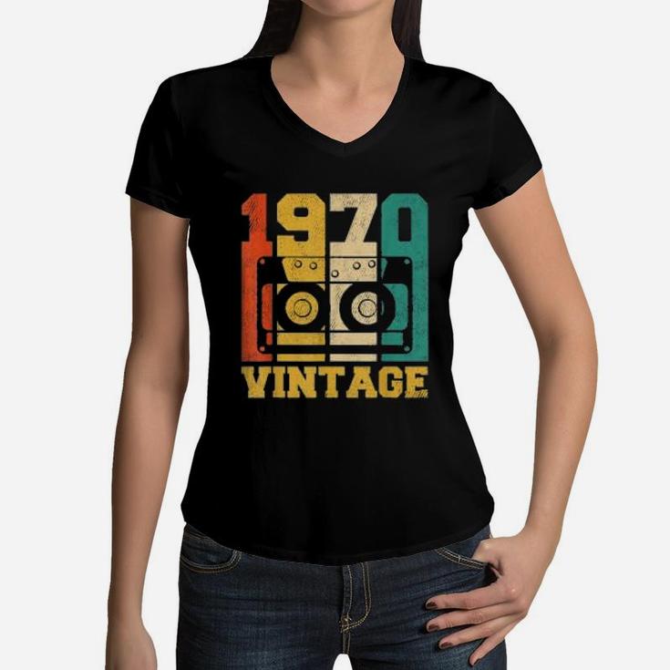 Vintage 1970 Retro Cassette Women V-Neck T-Shirt