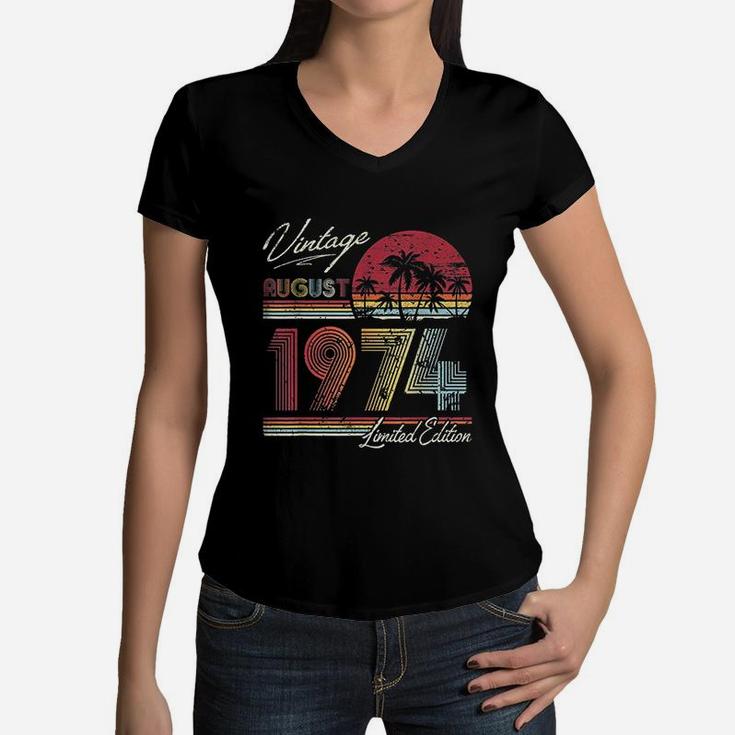 Vintage 47th Birthday Gift Retro Vintage August 1974  Women V-Neck T-Shirt