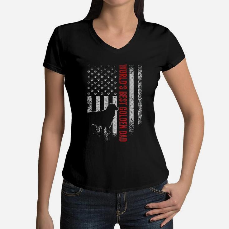 Vintage American Flag Worlds Best Golden Retriever Dad Women V-Neck T-Shirt