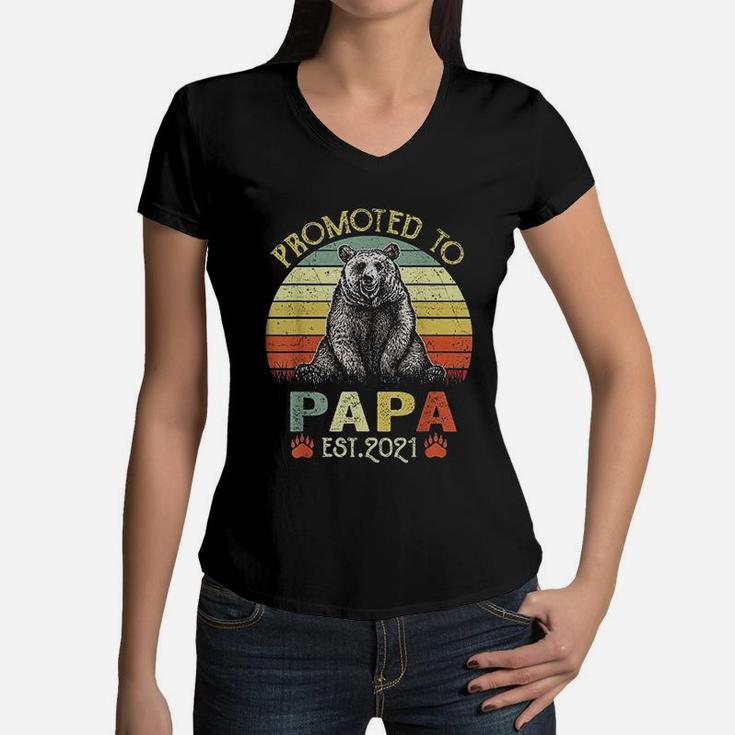Vintage Bear Promoted To Papa Est 2021 Fathers Day Women V-Neck T-Shirt