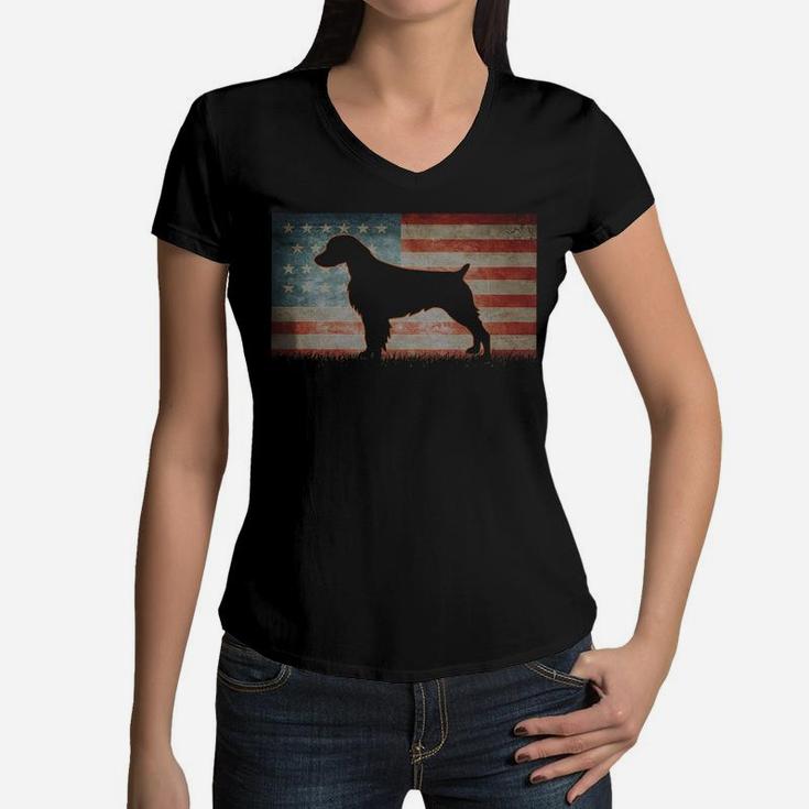 Vintage Best Brittany Spaniel Dog Dad Ever American Flag T-shirt Women V-Neck T-Shirt